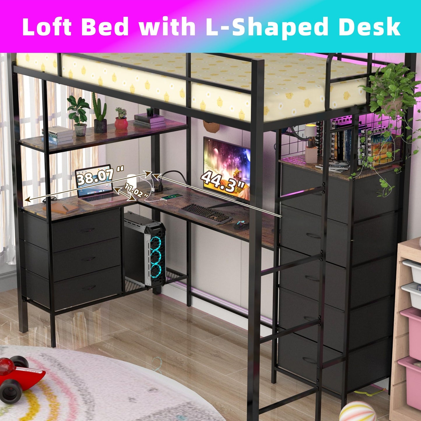SAHISTCT Twin Size Loft Bed with Desk, LED Lights, Charging Station, Industrial Loft Bed Frame with 3 Storage Shelves and 8 Fabric Drawers, Safety Guard & Ladder,LED Metal Twin Size Bunk Bed