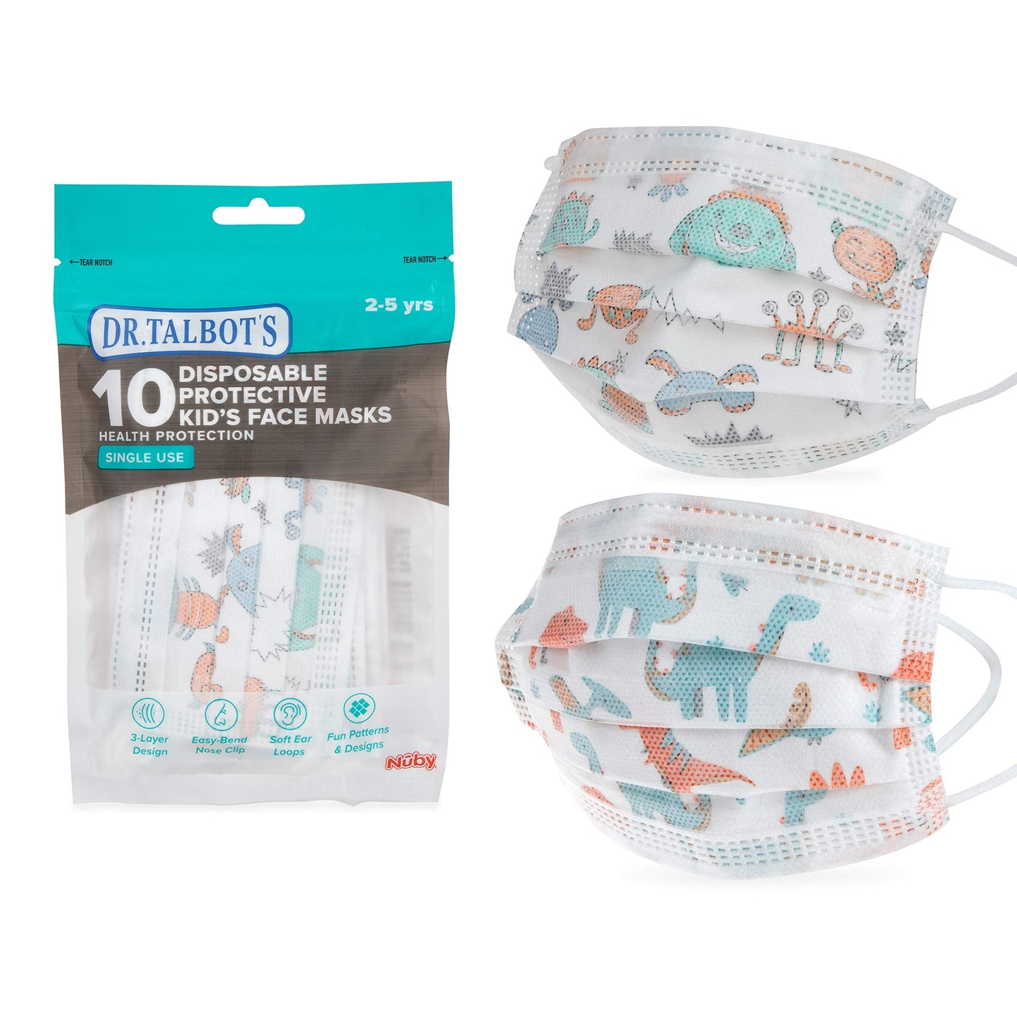 Dr. Talbot's Disposable Protective Face Masks for Boys 2-5 Years - 10-Count - Disposable 3-Layer Single Use Face Masks with Easy-Bend Nose Clip and Soft Ear Loops