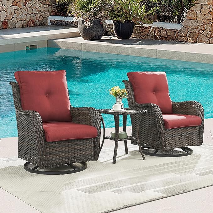 Rilyson Patio Chairs Rocking Swivel Chiar - 3 Piece Outdoor Wicker Patio Bistro Set Rattan Rocker Glider Chairs with High Back and Deep Seating for Outside Porch Deck Garden(Brown/Red)