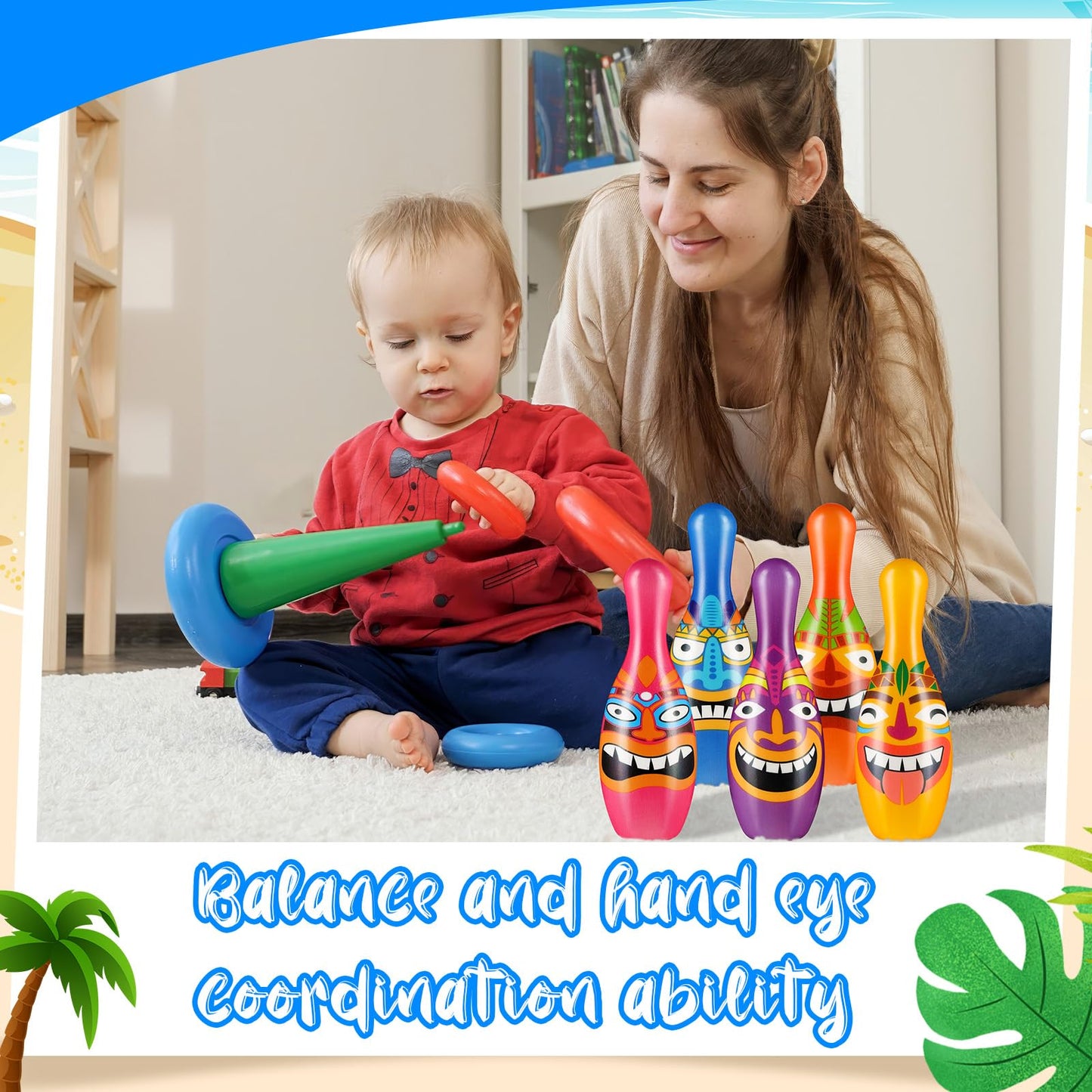 Harrycle 12 Pcs Luau Party Games for Kids Toddlers Adults Summer Tropical Hawaiian Bowling Set 10 Tiki Pins and 2 Cocout Balls Birthday Gifts for Yard Lawn Backyard Indoor Outdoor