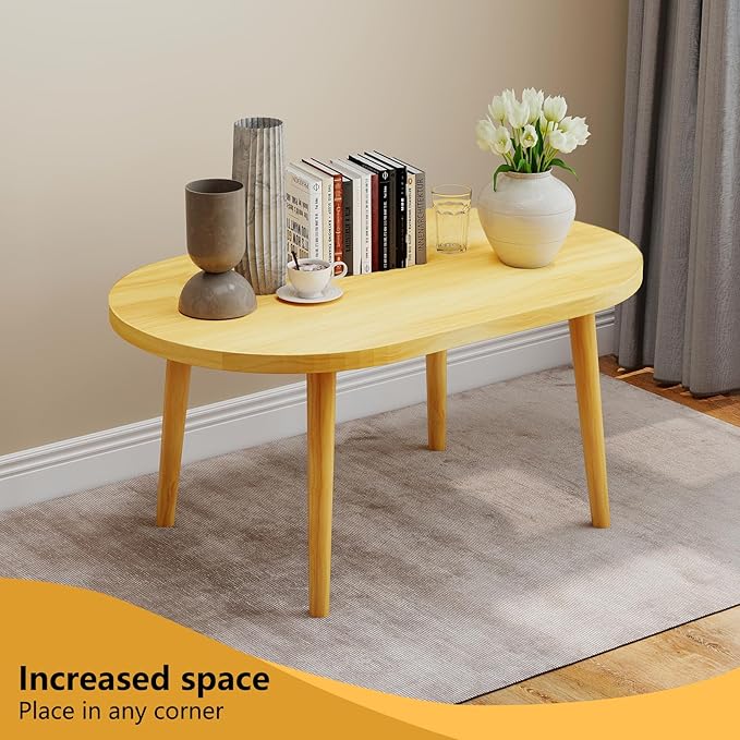 Funecy Coffee Table Low Table with Solid Wood Sturdy Legs, Floor Table Desk for Sitting on The Floor, Storage and Living Room Furniture (Natural-Oval)
