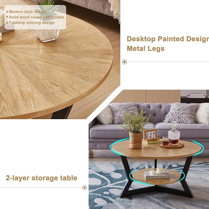 Gravilithic Round Wood Coffee Table for Living Room, 2-Tier Rustic Circle Coffee Table with Storage, 35”x 17” Real Wood Desktop with Metal Frame, Radial Pattern