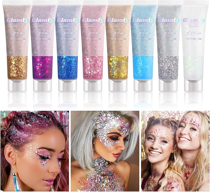 8 Color Body Glitter,Face Glitter Gel,Hair Glitter,Self Adhesive Glitter Gel,Chunky Glitter Festival Accessories,Cosmetic ...