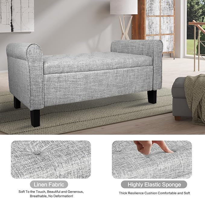 Babion Storage Bench for Bedroom, Button Linen Fabric, 51Inch, End of Bed Storage, Upholstered Rolled Arm Window Seat with Solid Wood Legs, Light Grey