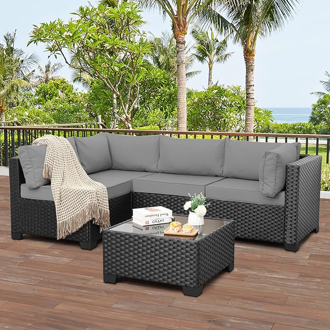 WAROOM Outdoor Patio PE Wicker 5 Piece Furniture Set, Black Rattan Sectional Conversation Sofa Chair with Coffee Table, Grey Cushion