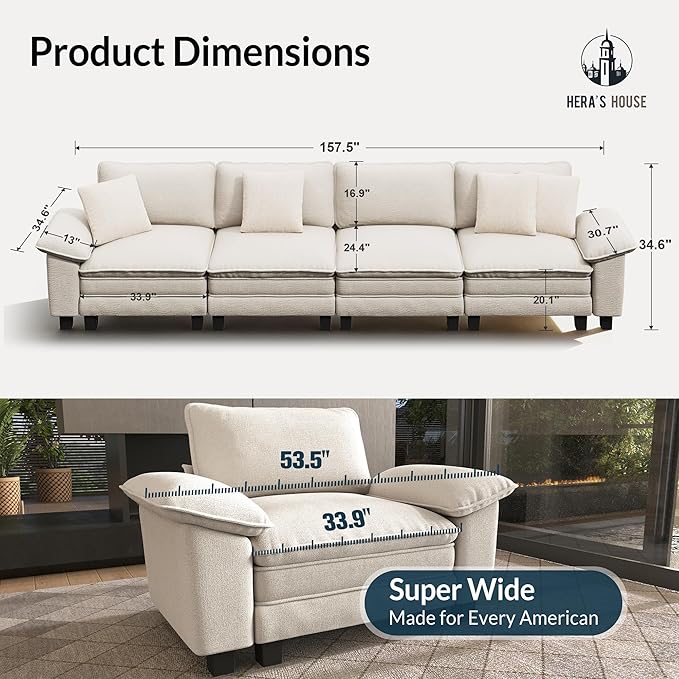 HERA'S HOUSE 158" Modular Sectional Sofa, Oversized Couches for Living Room, Comfy Cloud Couch 4-Seater Deep Seat Sofa with Throw Pillow, Chenille Beige
