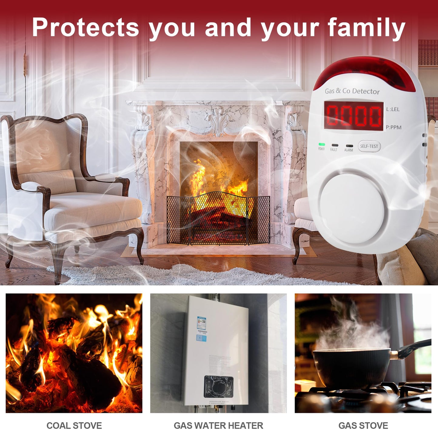 Combination Gas & Carbon Monoxide Detectors - Koabbit Plug in Carbon Monoxide Detector,Propane, Natural,Methane, Explosive Gas Detector Alarm & CO Detector Alarm for Home,Easy to Read