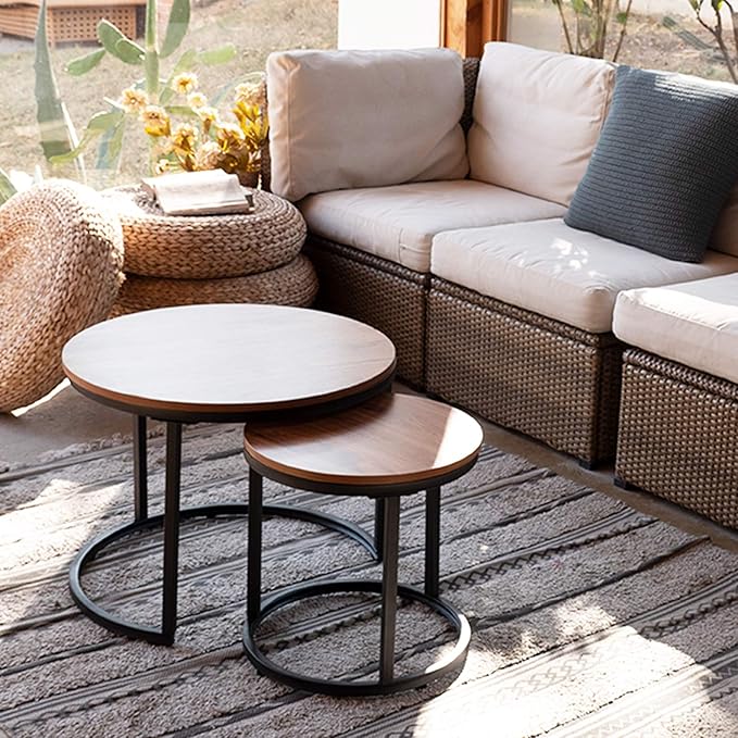 aboxoo Coffee Table Nesting Side Round Set of 2 End Table Top Sturdy Metal Frame Desk Centerpiece Living Room Bedroom Apartment Modern Industrial Simple Nightstand