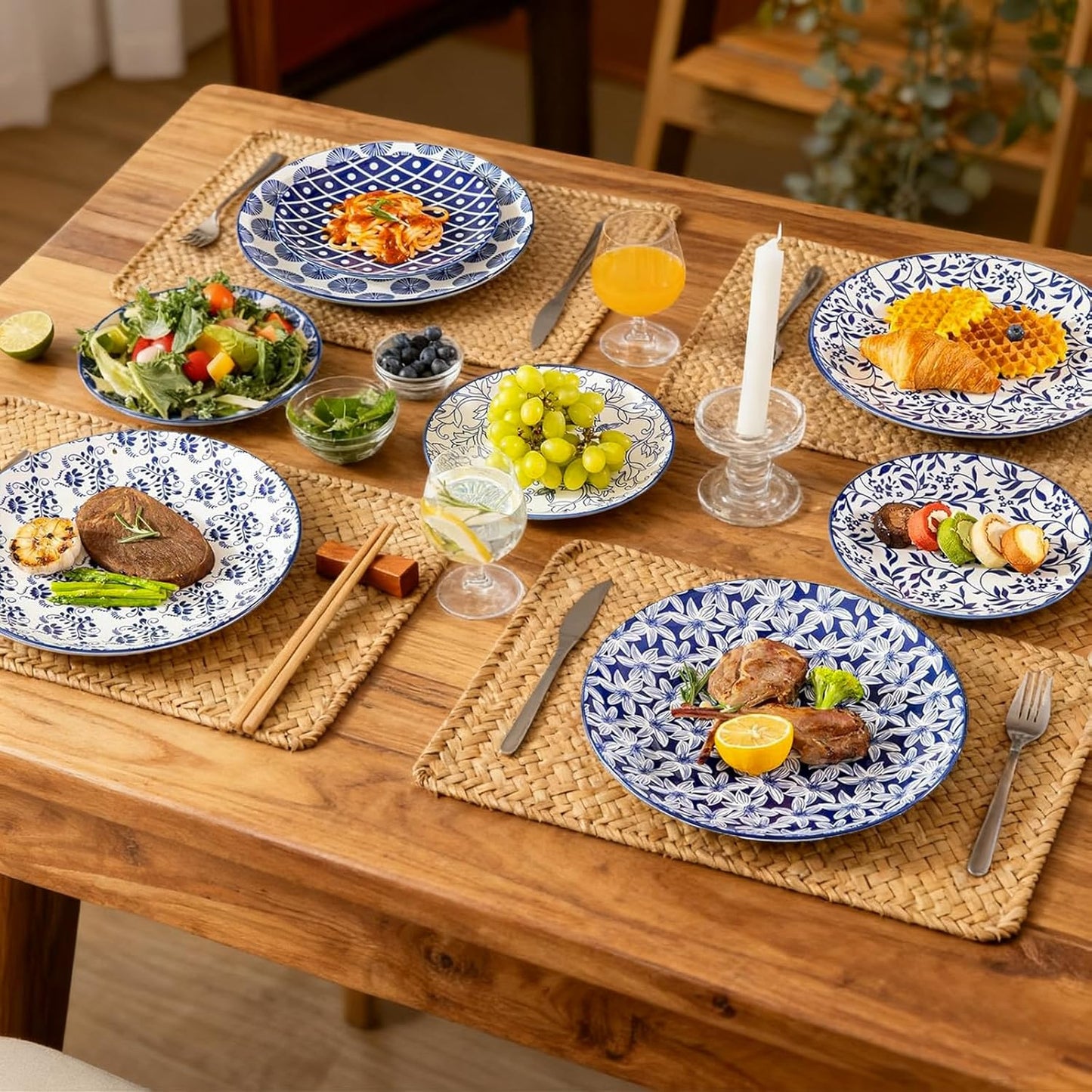 Sweejar 24 Pieces Ceramic Dinnerware Sets, Handmade Plates and Bowls Sets, Highly Scratch Resistant Dishes Set for Kitchen,Porcelain Dishwasher & Microwave Safe Dishes Set,Service for 8 (Vintage Blue)