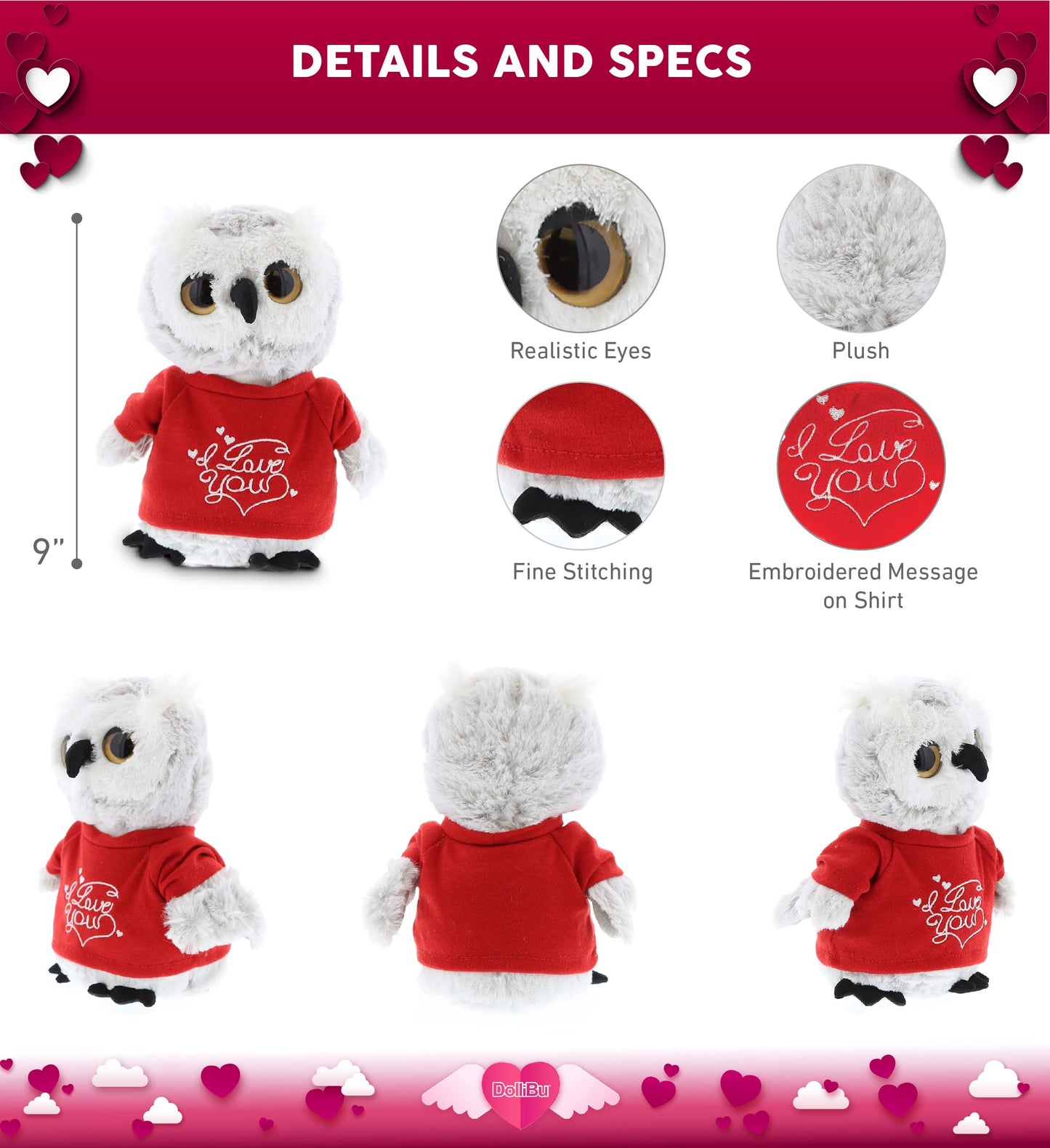 DolliBu I Love You Valentine Plush Grey Owl - Cute Stuffed Animal with Red Shirt and Name Personalization Gift for Valentines Day, Birthday, Anniversary, Romantic Date - 9 Inches