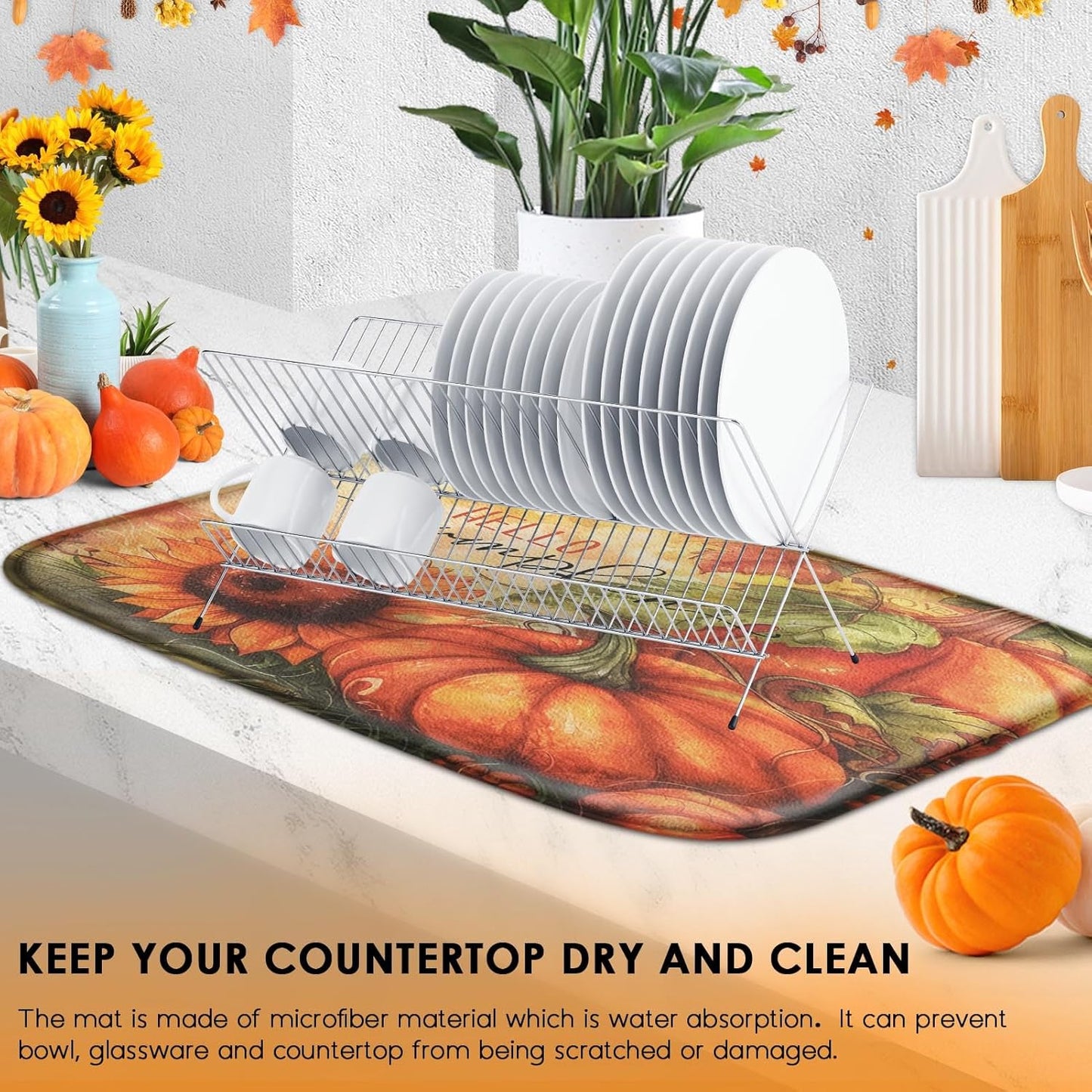 Sanwarm Absorbent Dish Drying Mat, Hello Pumpkin Flower Tree Microfiber Pad for Kitchen Counter, Vintage Fall Leaves for Coffee Bar Decor, Heat Resistant and Reversible, 16" x 18"