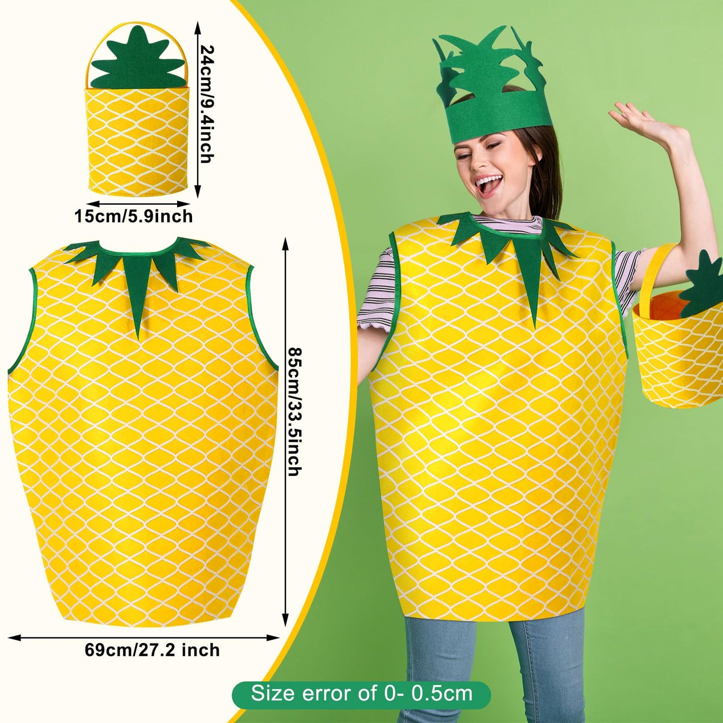 Suhine 3 Pcs Halloween Pineapple Costume Pineapple Poncho Outfits Costume for Women with Hat Hand Bag Funny Fruit Costume for Halloween Cosplay Dress up Party