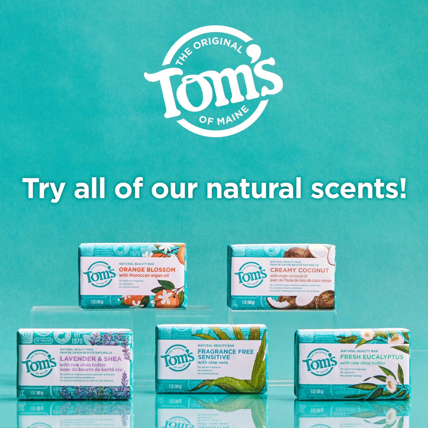 Toms of Maine Natural Beauty Bar Soap For Women and Men, Fragrance Free, Sensitive Skin, 5 oz Bar (Pack of 6)