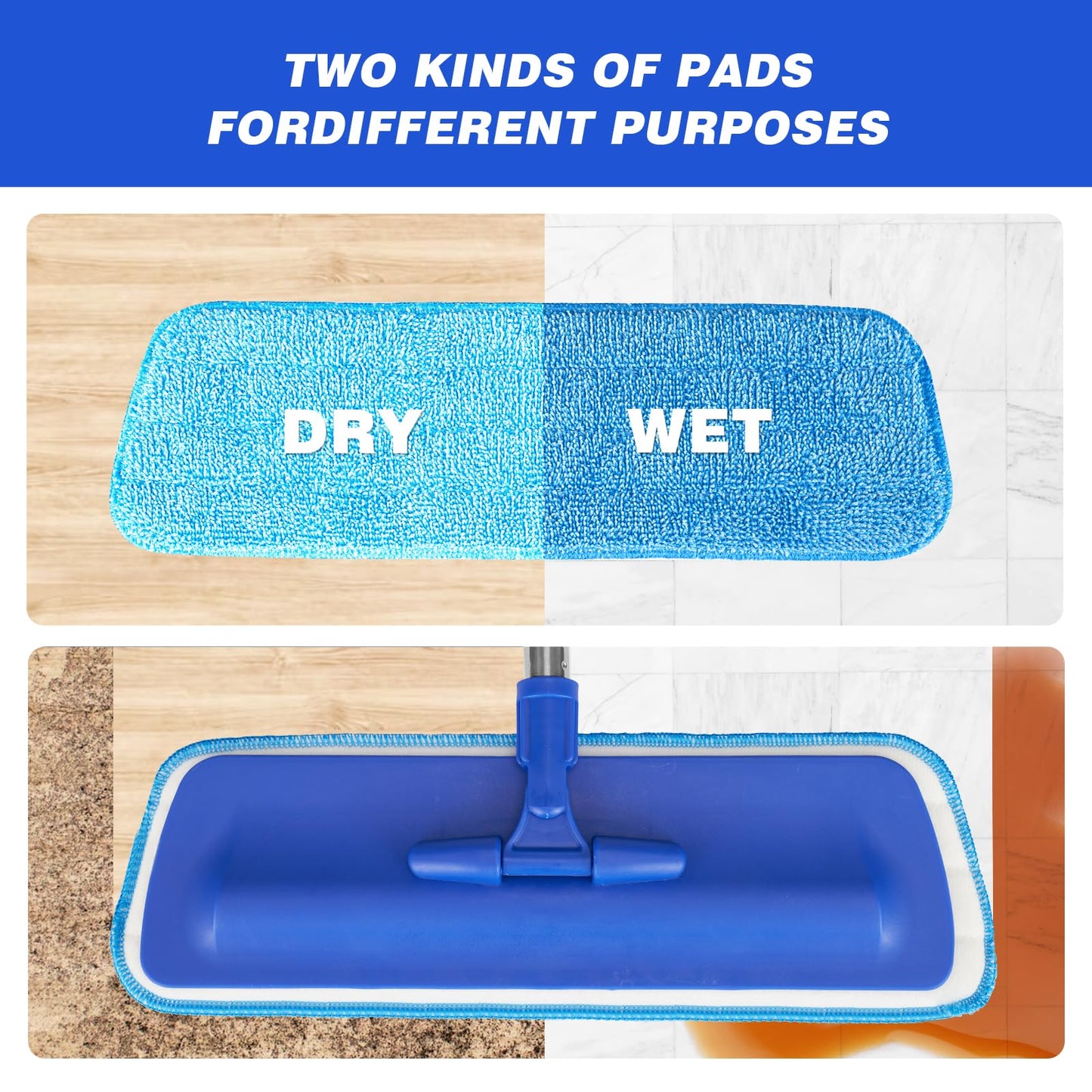 17.5" Professional Microfiber Floor Cleaning Mop, Flat Mop with Stainless Steel Handle, 2 Reusable Washable Pads, Wet and Dust Mopping for Hardwood, Vinyl, Laminate, Tile Cleaning (Blue)
