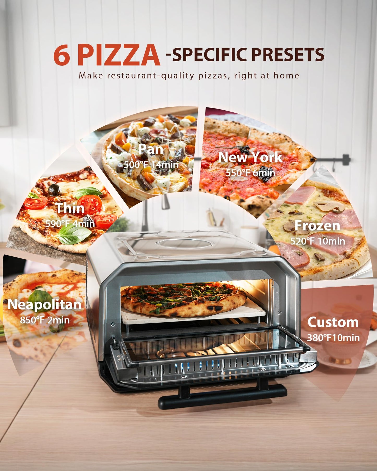 Indoor Pizza Oven, 12 Inch Pizza in 90 Seconds, Heats up to 850°F Pizza Maker, 10-in-1 Countertop Electric Pizza Oven with 6 Touchscreen Presets, Silver