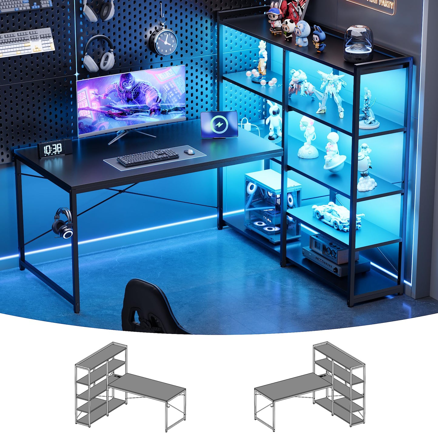 Pamray L Shaped Computer Desk with Reversible Side Storage Shelves, 49 Inch Gaming Desk with Power Outlets and Led Lights, PC Table for Home Office and Bedroom Black