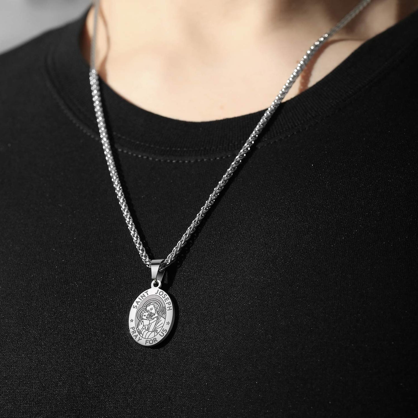 Zocomi Silver Saint St Joseph Medal Necklace for Men Boys, St. Joseph Pendant Chain Jewelry Catholic Christian Religious Baptism