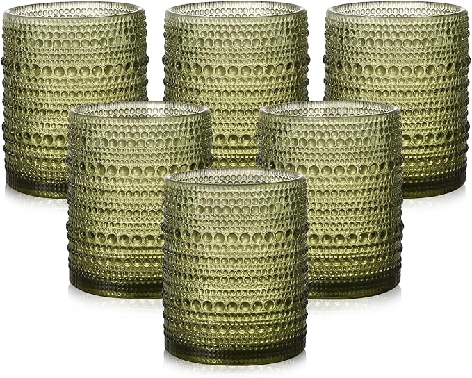 ZMOWIPDL Vintage Glassware Drinking Glasses Set of 6,12 oz Hobnail Glass Cups,Embossed Green Water Tumbler,for Beer,Cockta...