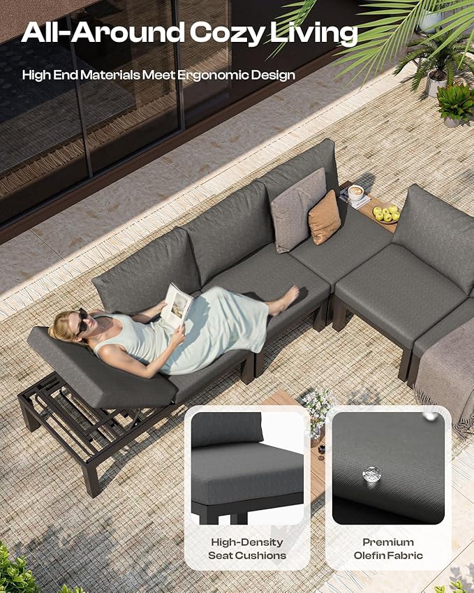 Oasbira Aluminum Outdoor Patio Furniture Set, 4 Seats Modular Patio Sectional Sofa Set with Adjustable Backrest & Removable Cushions, All-Weather Outdoor Conversation Sets for Garden & Yard, Graphite