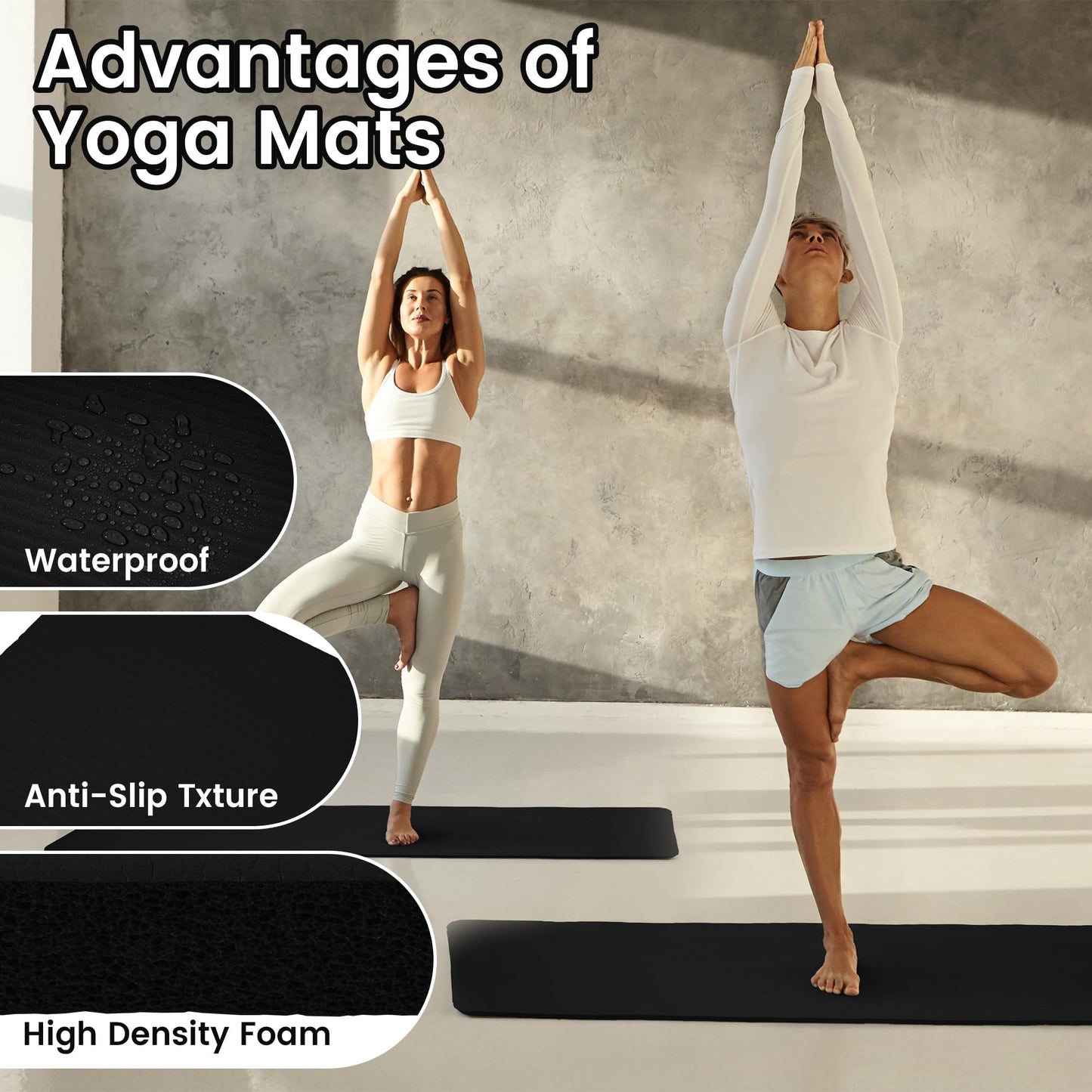 Fitvids 1/2-Inch Thick High Density Foam Exercise Yoga Mat with Carrying Strap, For Cushioning The Body Against Hard Floors, Midnight