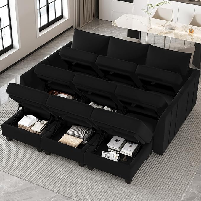 Belffin Modular Sectional Sofa Bed with Storage, 9-Seater Velvet Reversible Sleeper Couch for Living Room, Black