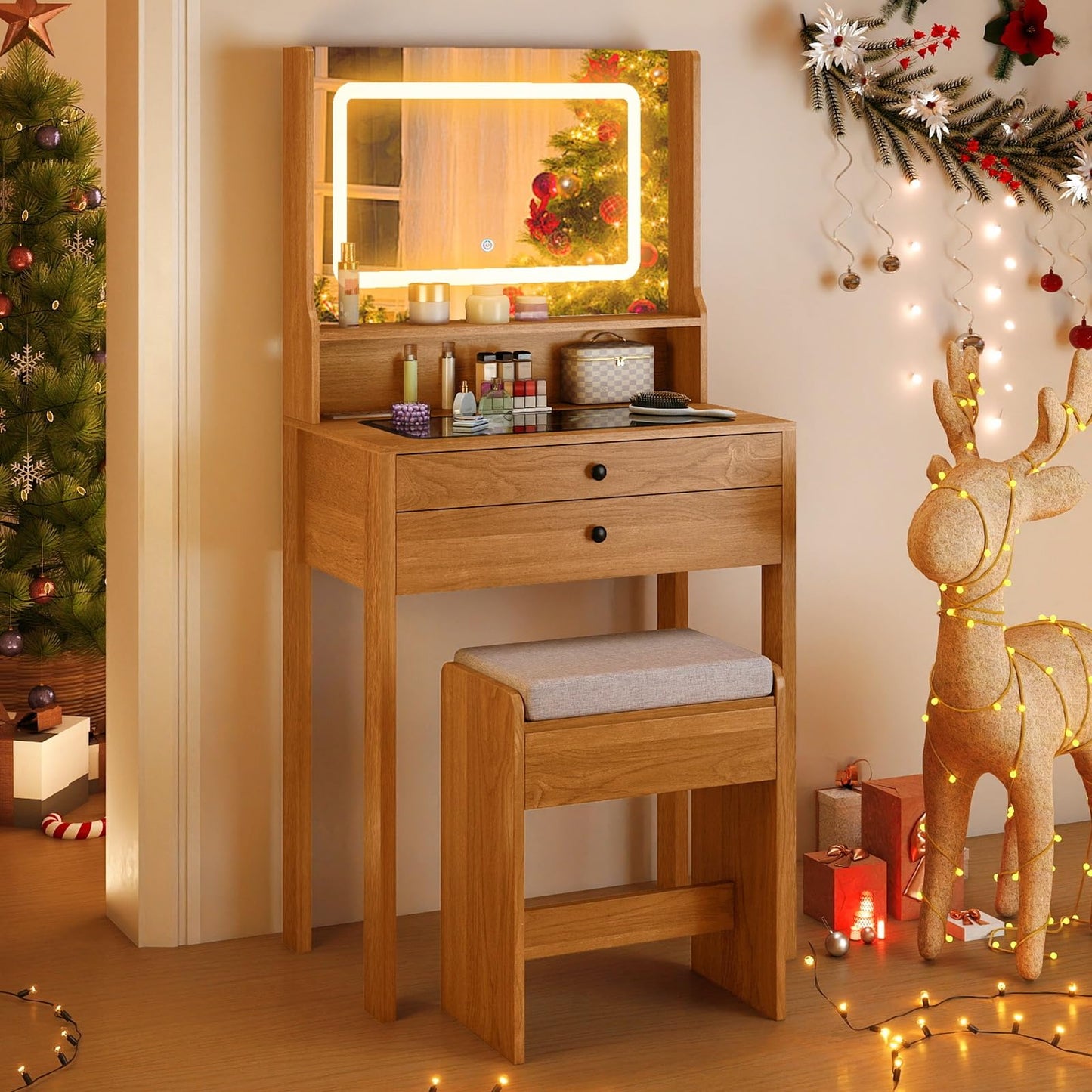 CHARMAID Compact Vanity Desk with Lighted Mirror, Built-in Charging Station, Glass Desktop, 2 Drawers & Padded Stool, Small Makeup Vanity Table for Bedroom, Apartment, Dorm, Rustic Oak