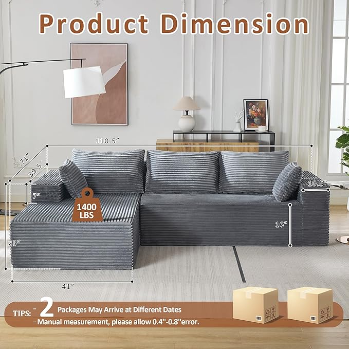 WUTUTUEE 110" Boneless Sectional Couch with Chaise Lounge, Cloud Couch Compressed Sofa L Shape, No Assembly Memory Foam Sofa for Living Room, Grey Corduroy