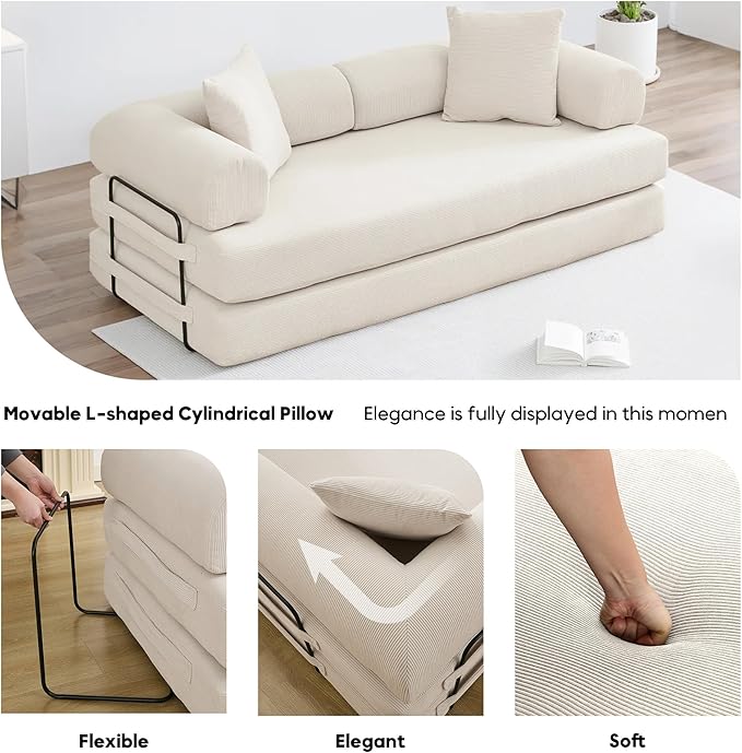 ZEIINPA Convertible Sleeper Sofa Bed with Cylindrical Pillow, Corduroy Folding Mattress Couch with Fixed-Shape Frame, Floor Sofa Lounge Couch for Living Room Bedroom Lounge Studio, Beige