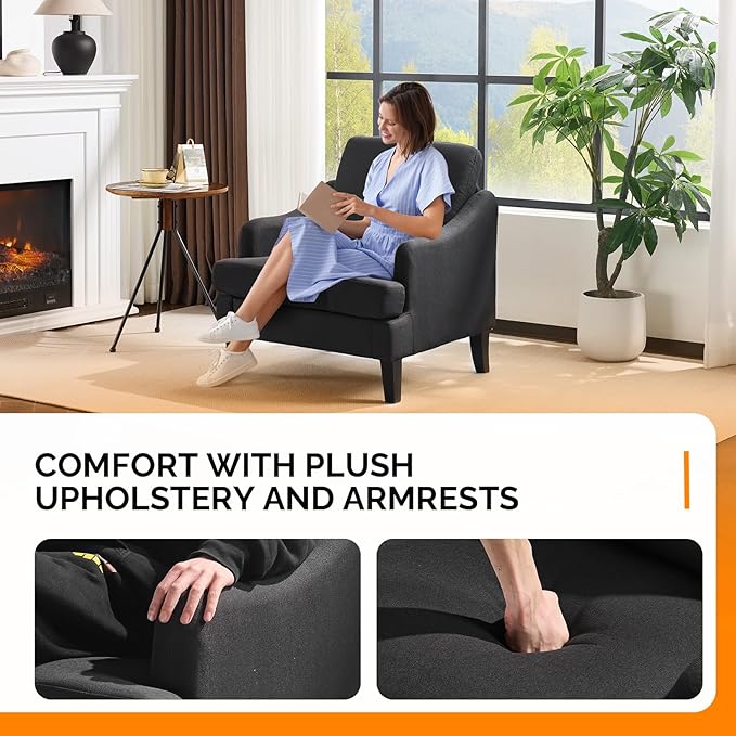VINGLI Linen Fabric Accent Chairs Set of 2, Black Modern Upholstered Armchair, Comfy Sofa Chair Living Room Bedroom Furniture for Apartment