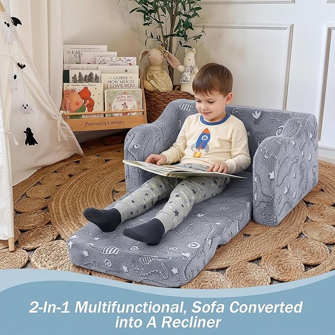 MeMoreCool Kids Dinosaur Couch – Foldable Toddler Chair, Glow-in-The-Dark Flip-Out Sofa, Convertible Lounge Seat for Boys Ages 1–3, Plush Fold-Out Kids Lounger with Washable Cover (Gray)