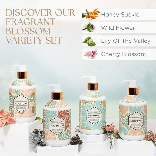 FlowerBox Liquid Hand Soap with Pump – Set of 12 Scented, Decorative Hand Soap Dispensers for Bathroom and Kitchen – 500 mL Luxury Floral Mosaic Bottles, Gift Pack
