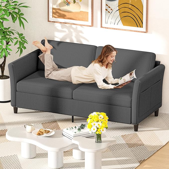 Valthie 79.1" Corduroy Loveseat Sofa, Modern Comfy Couches with Side Pocket, 3-Seater Sofa Couch for Living Room, Bedroom and Small Spaces,Grey