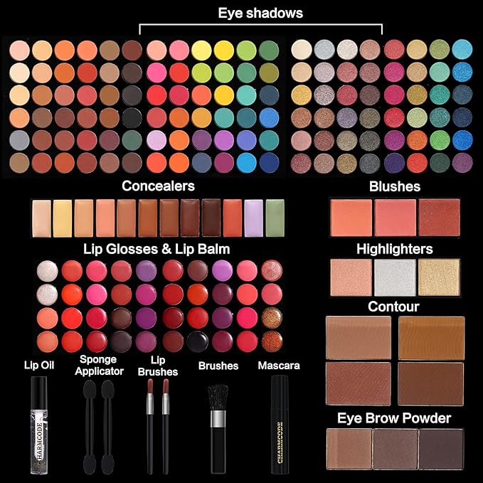 Professional All in One Makeup Kit for Women Full Kit,186 Colors Make Up Palette Christmas Gift Set, Including Eyeshadow,Lip Gloss,Concealer,Highlighter,Contour,Brow Powder,Mascara,Blush & Brush