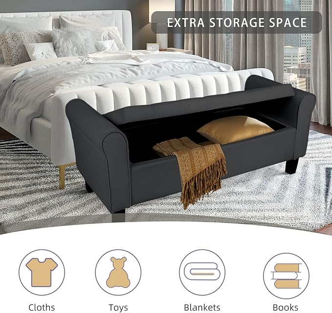 Babion Storage Bench for Bedroom End of Bed, Button Tufted Storage Ottoman Bench 51 Inch, End of Bed Storage Bench with Upholstered, Rolled Arm Window Bench Seat with Solid Wood Legs, Black