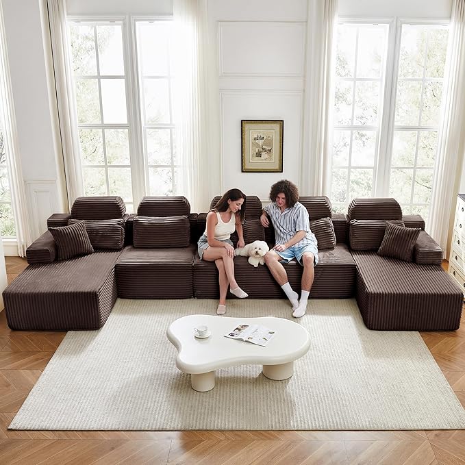 171" U-Shaped Cloud Modular Sectional Sofa with Chaise & Headrest, Boneless Deep Seat Plush Corduroy Couches for Large Living Room, No Assembly Required (Brown, 171" U-shapred Chaise)