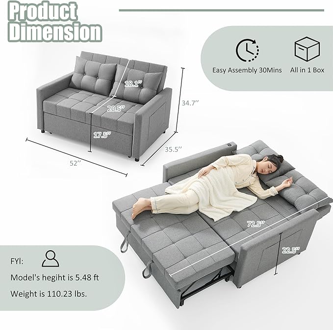 GOSUHI 52" Sleeper Sofa with Pull-Out Bed, 3-in-1 Convertible Sofa Bed, Loveseat with Stepless Adjustable Backrest and Side Pocket, for Living Room Dorm Apartment, Linen, Light Gray