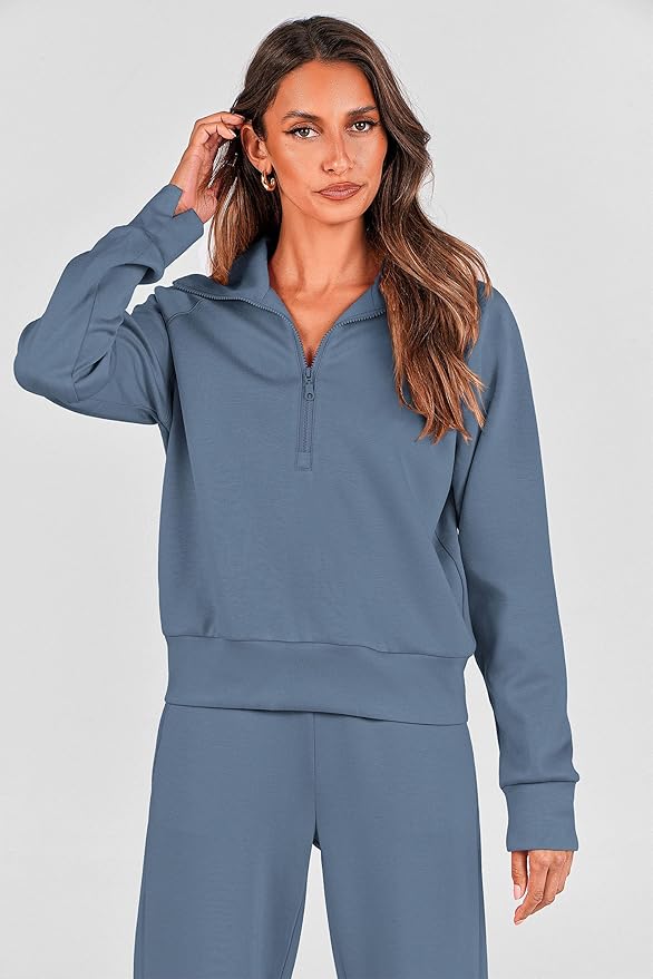 PRETTYGARDEN Women's 2 Piece Outfits Casual Lapel Half Zip Sweatshirts and Wide Leg Pants Tracksuit Sets