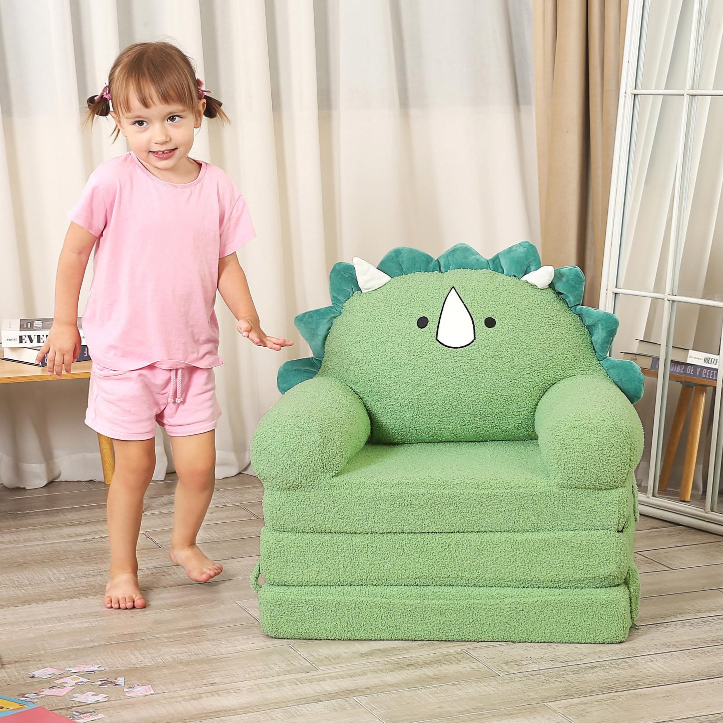 MOMCAYWEX Foldable Kids Sofa, Triceratops Toddler Couch With Tri Folding Foam Cushions, Comfy Couch for Ages 18 Months and Up