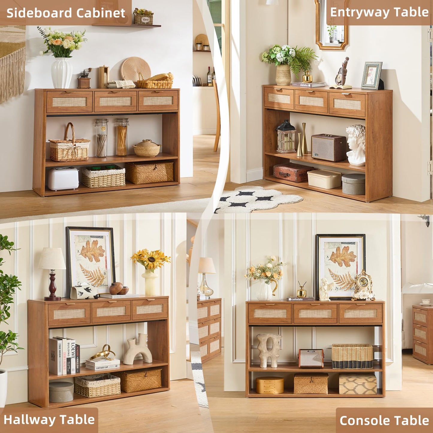 LEYAOYAO 48" Boho Rattan Console Table with 3 Drawers, 3 Tier Wooden Entryway Table with Open Storage Shelf, Narrow Long Behind Couch Sofa Tables for Living Room, Hallway, Entrance, Brown