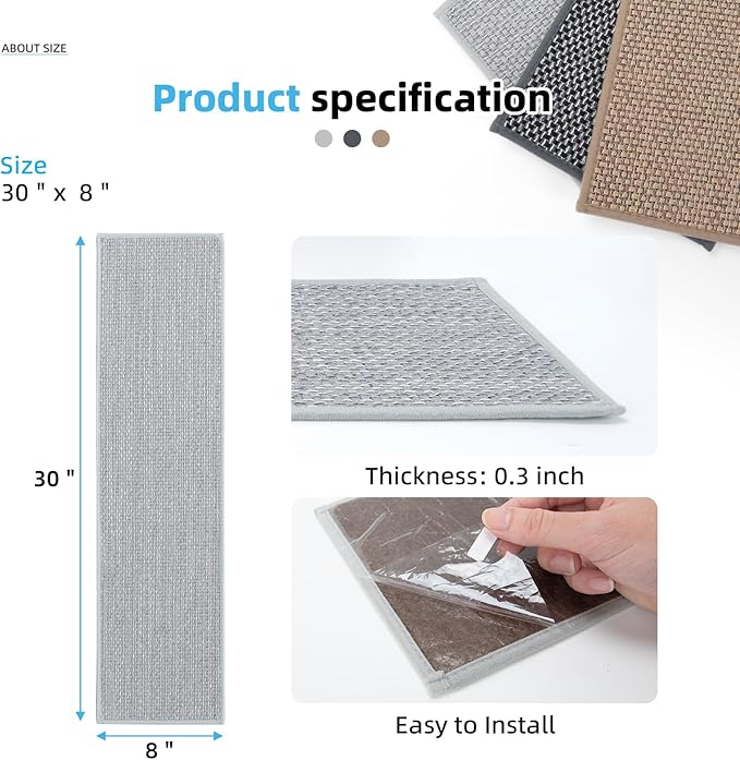Art3d Stair Treads for Wooden Steps 15Pcs, 8" X 30" Non Slip Stair Runner Rugs with Reusable Adhesive for Elders Kids and Dogs, Machine Washable Peel and Stick Stair Treads Carpet, Gray