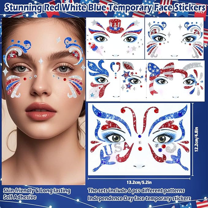 Yosca 6Pcs Independence Day Face Stickers, Red White Blue Temporary Tattoos for 4th of July Patriotic Glitter Makeup, Self Adhesive Star Face Art Sticker for Memorial Day Veterans Day USA Flag Party