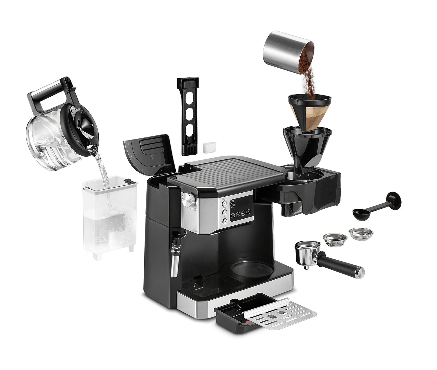 De'Longhi UPGRADED All-in-One Combination Coffee Maker & Espresso Machine + Advanced Adjustable Milk Frother for Cappuccino & Latte + Glass Coffee Pot 10-Cup, COM532M black