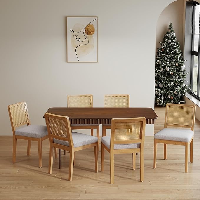 LukeAlon Set of 4 Mid Century Dining Chairs - Farmhouse Style with Woven Cane Back, Plush Chenille Upholstered Seats, Solid Wood Legs, Comfortable Kitchen & Dining Room Chairs, Grey