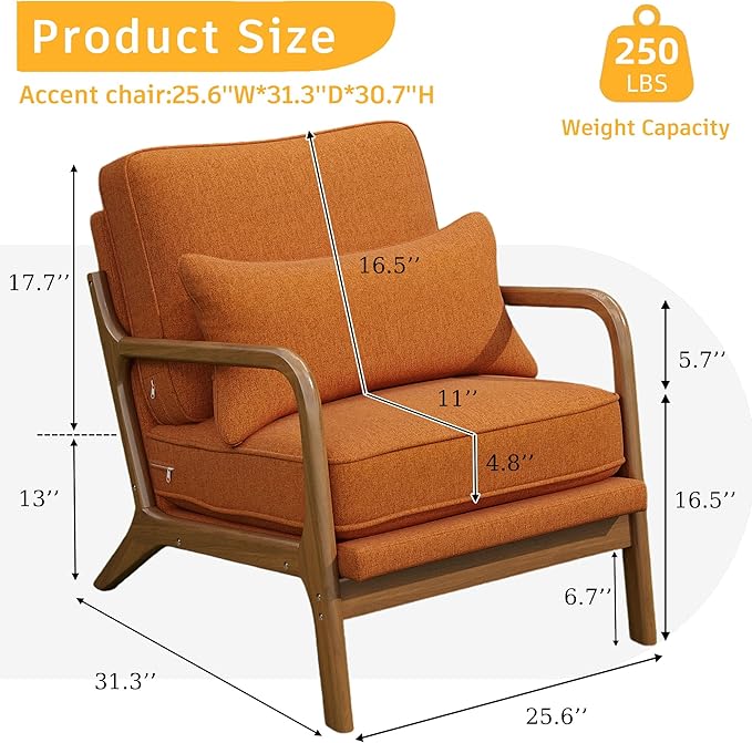 SEYNAR Mid-Century Accent Chair,Linen Fabric Lounge Chair with Wide Armrest,13-16.5'' Low Seat Height Armchair with Lumbar Pillow & Solid Wood Frame for Living Room, Bedroom, Balcony(Orange)