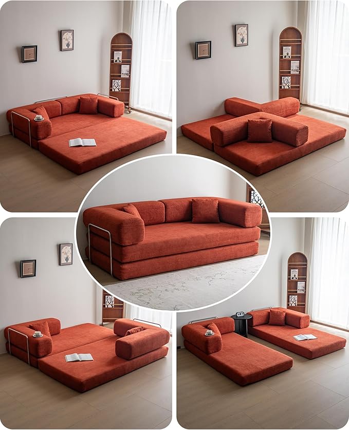 No Assembly Convertible Sofa Bed & 79" Boneless Couch with Pocket , 5-in-1 Futon Sofa Bed with 2 Pillows Modular Pull Out Couch Bed with Frame,Compression in Box for Living Room Small Spaces Orange
