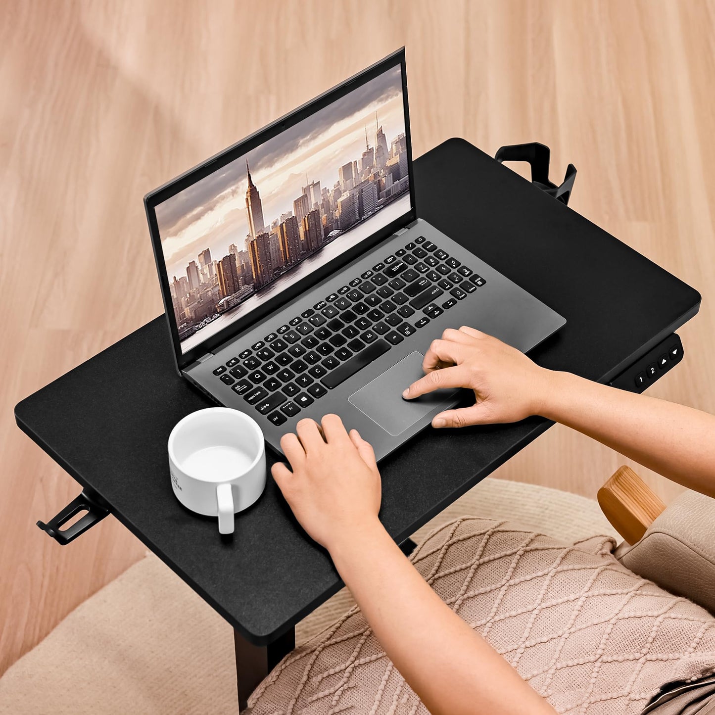 yaaqoo Electric Overbed Table with Wheels, Height Adjustable Bedside Sofa Recliner Side Tables, C Shaped Rolling Standing Small Laptop Desk for Home Office, Black