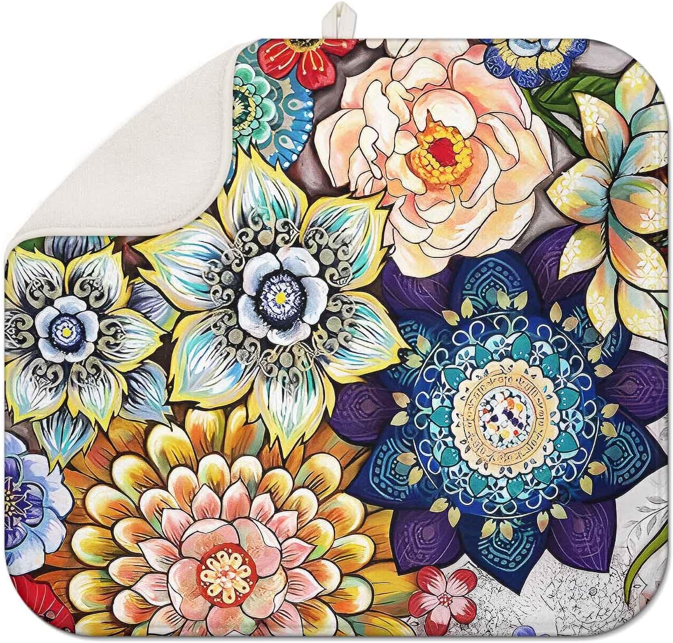 Boho Drying Mat 16" X 18" Boho Flower Kitchen Counter Stone Large Dish Drying Mats For Kitchen Counter Abstract Boho Floral Drying Mats For Home Counter Drying Mats For Dishes Table Mat Drying Mat