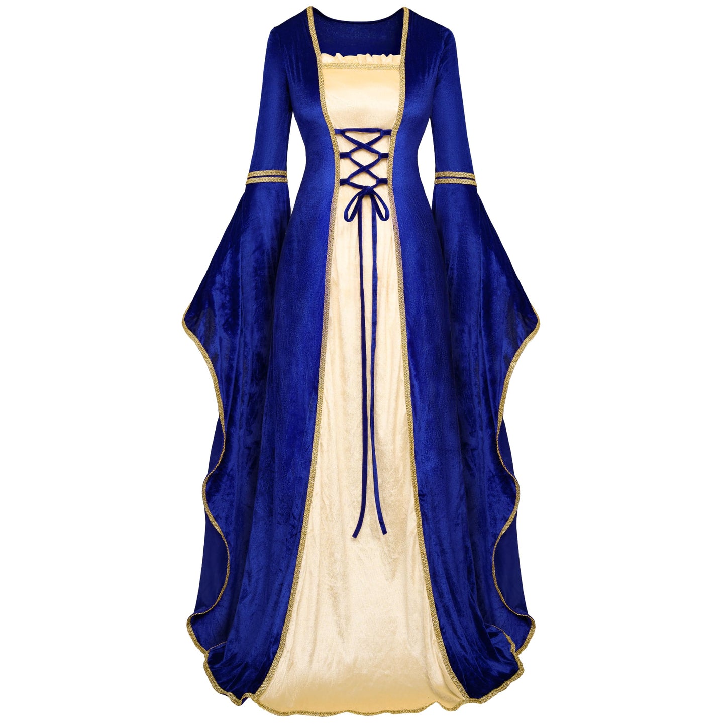 Spooktacular Creations Renaissance Costume Women, Blue Velvet Medieval Dress for Women, Irish Fairy Renaissance Dress with Decorated Lace for Wedding, Halloween Cosplay Themed Party (X-Large)