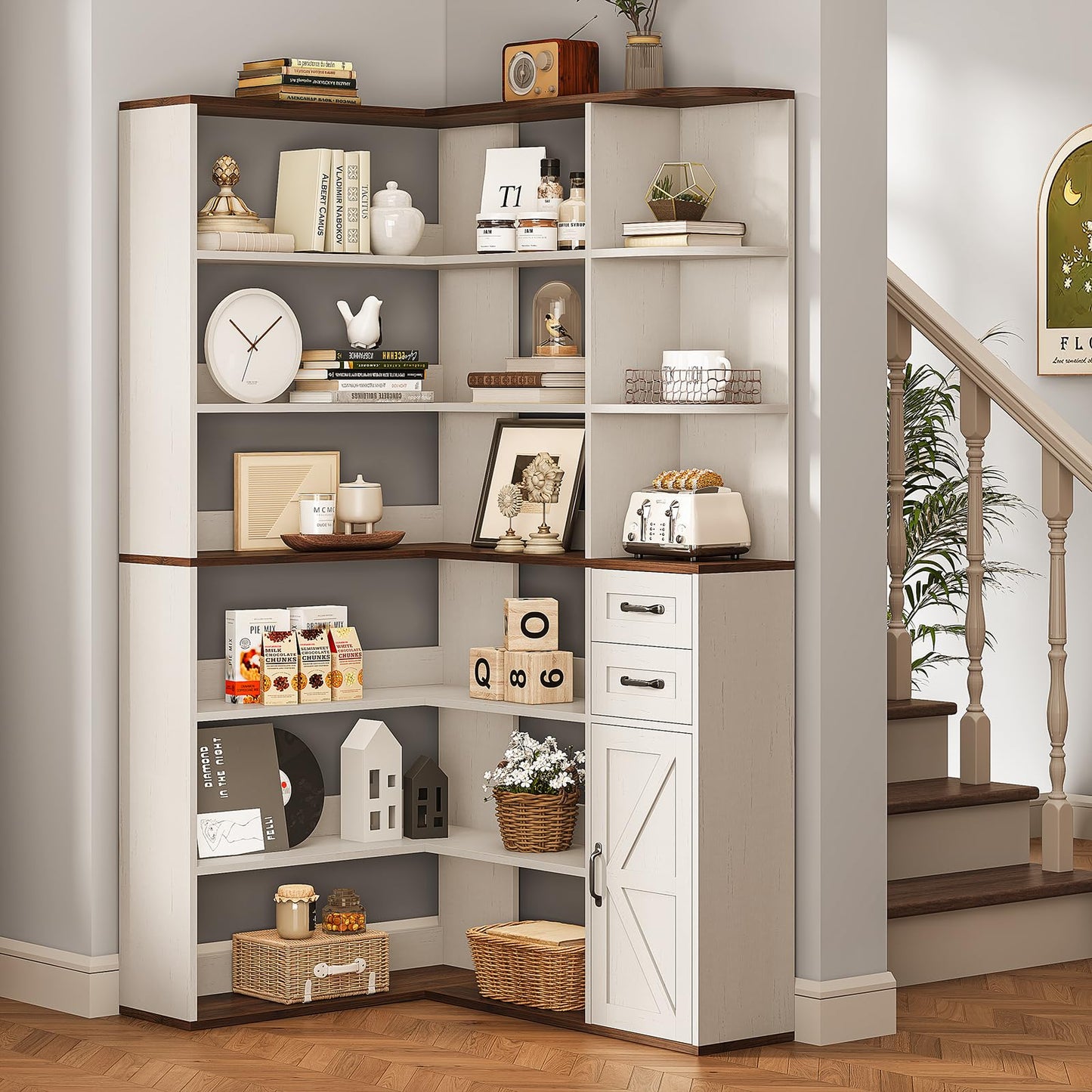 UPOSOJA 7-Shelf Farmhouse Corner Bookshelf with Lockers & Drawers, 71" L-Shaped Large Storage Shelf Display Rack for Bedroom, Living Room, Home Office (White Brown)