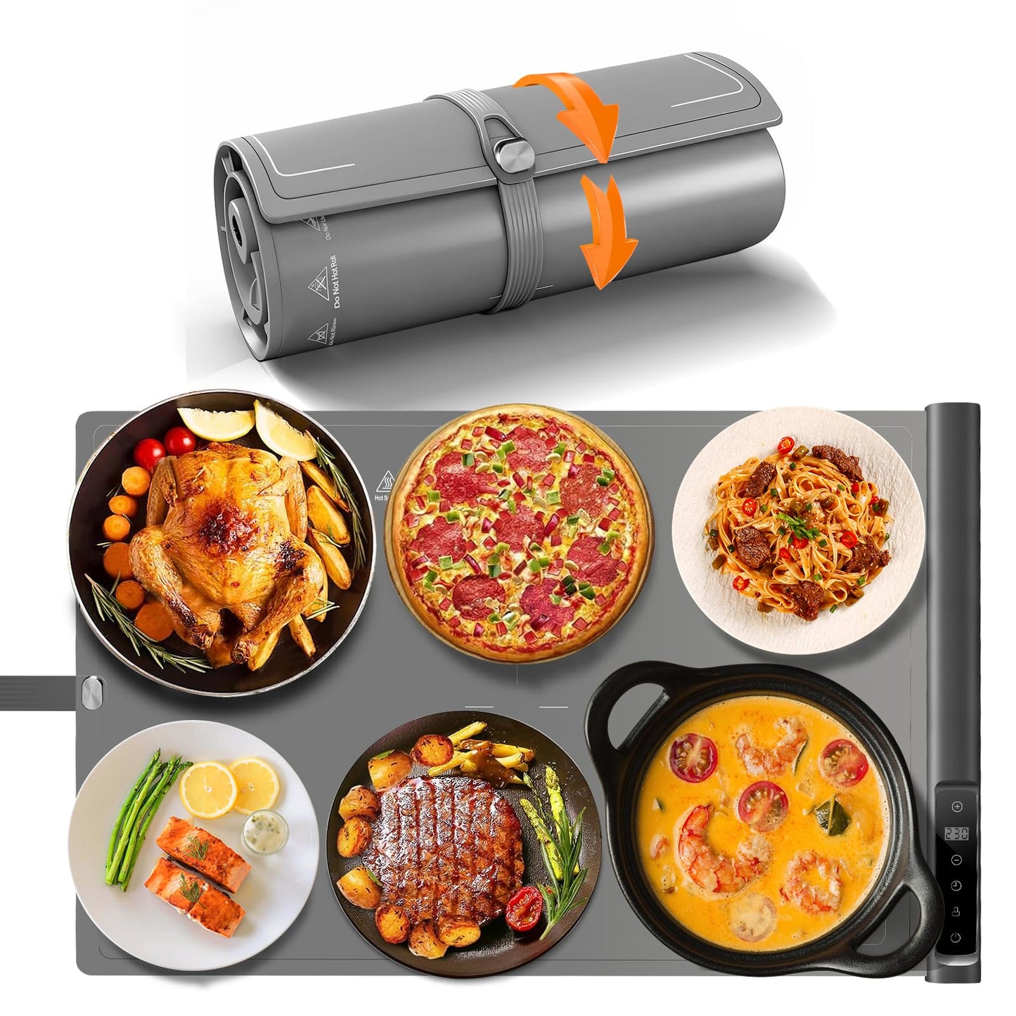 Warming Mat for Food | Max Temp 248℉,Fast Full-Surface Food Warmer with 8-Level Adjustable and Timer,Roll-Up & Portable Silicone Food Heating Pad with Child Lock,Electric Warming Tray for Buffet Party